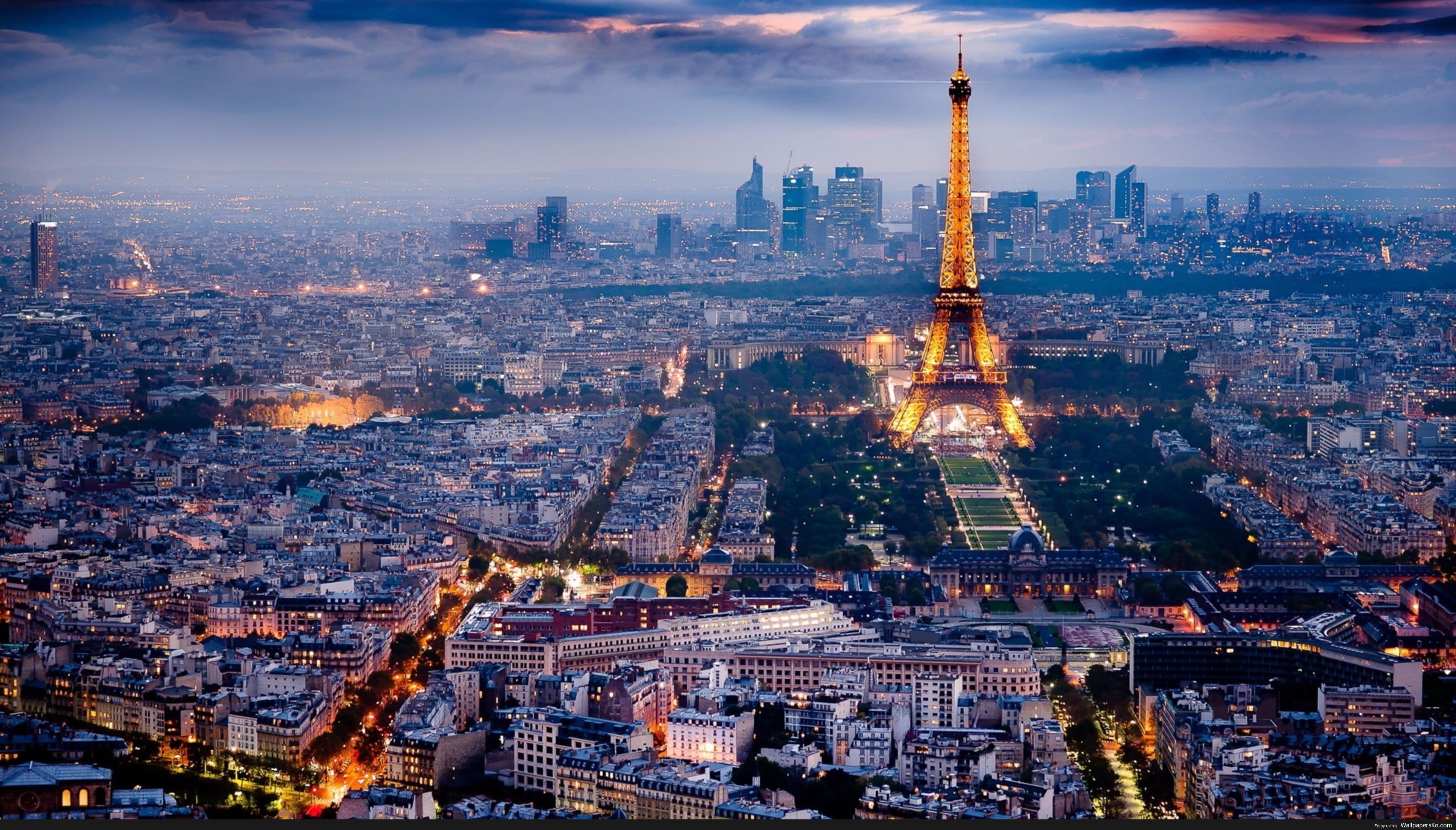 Modern Paris business district with French and EU flags